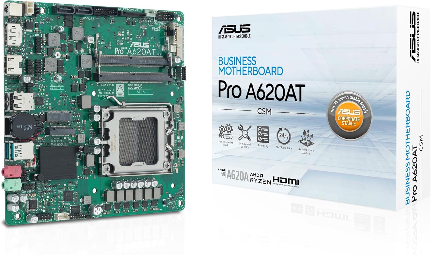 PRO A620AT-CSM AMD A620 AM5 DDR5 6400 DP HDMI M2 USB3.2 Thin Mini ITX LVDS Bağlantı, Asus Control Center Lisansı!