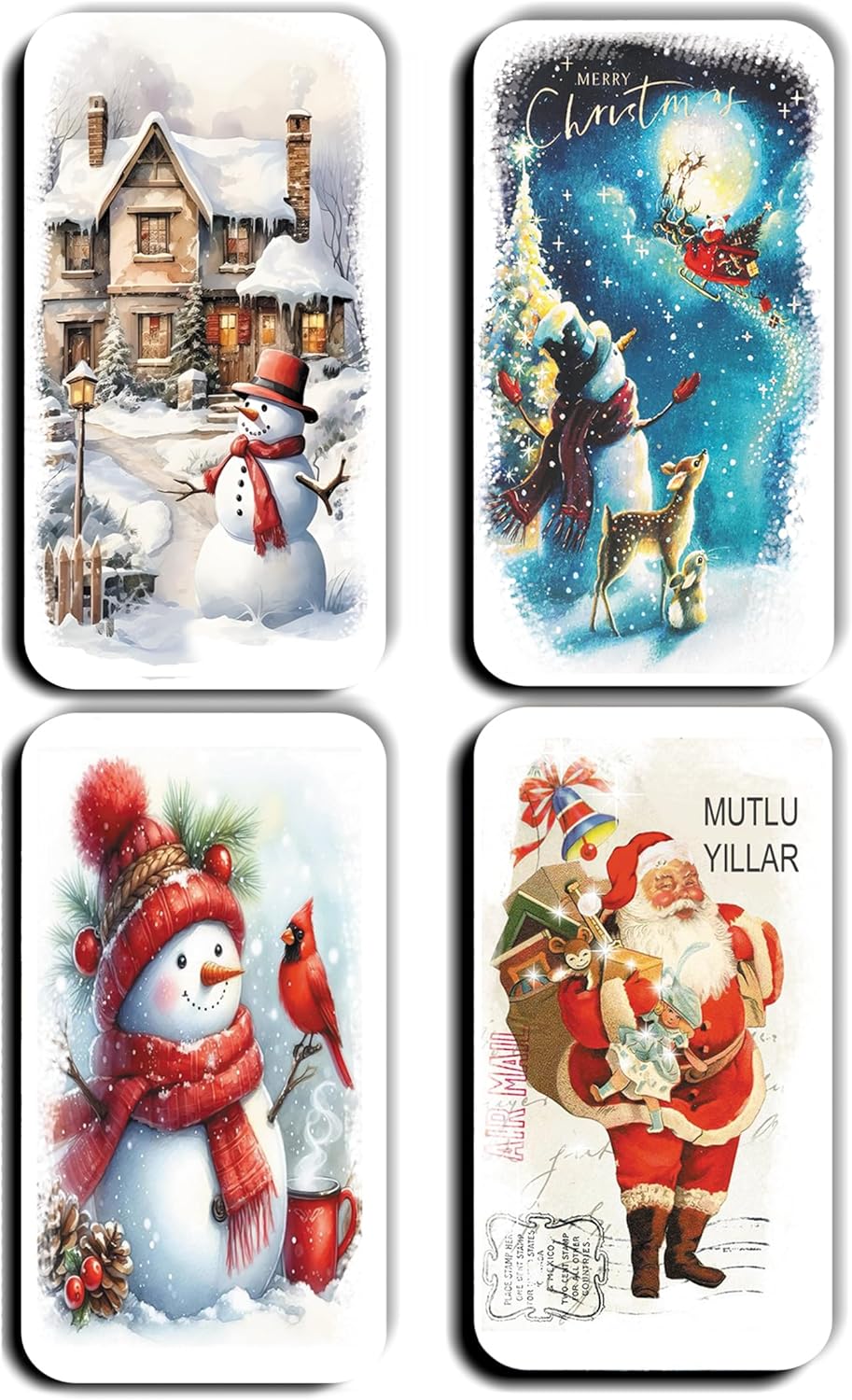 4 lü Simli Magnet Yılbaşı Yeniyıl Bbaba Kardan Adam Çam Ağacı Manzara Hediye Magnetler (5,5 x 11 cm)