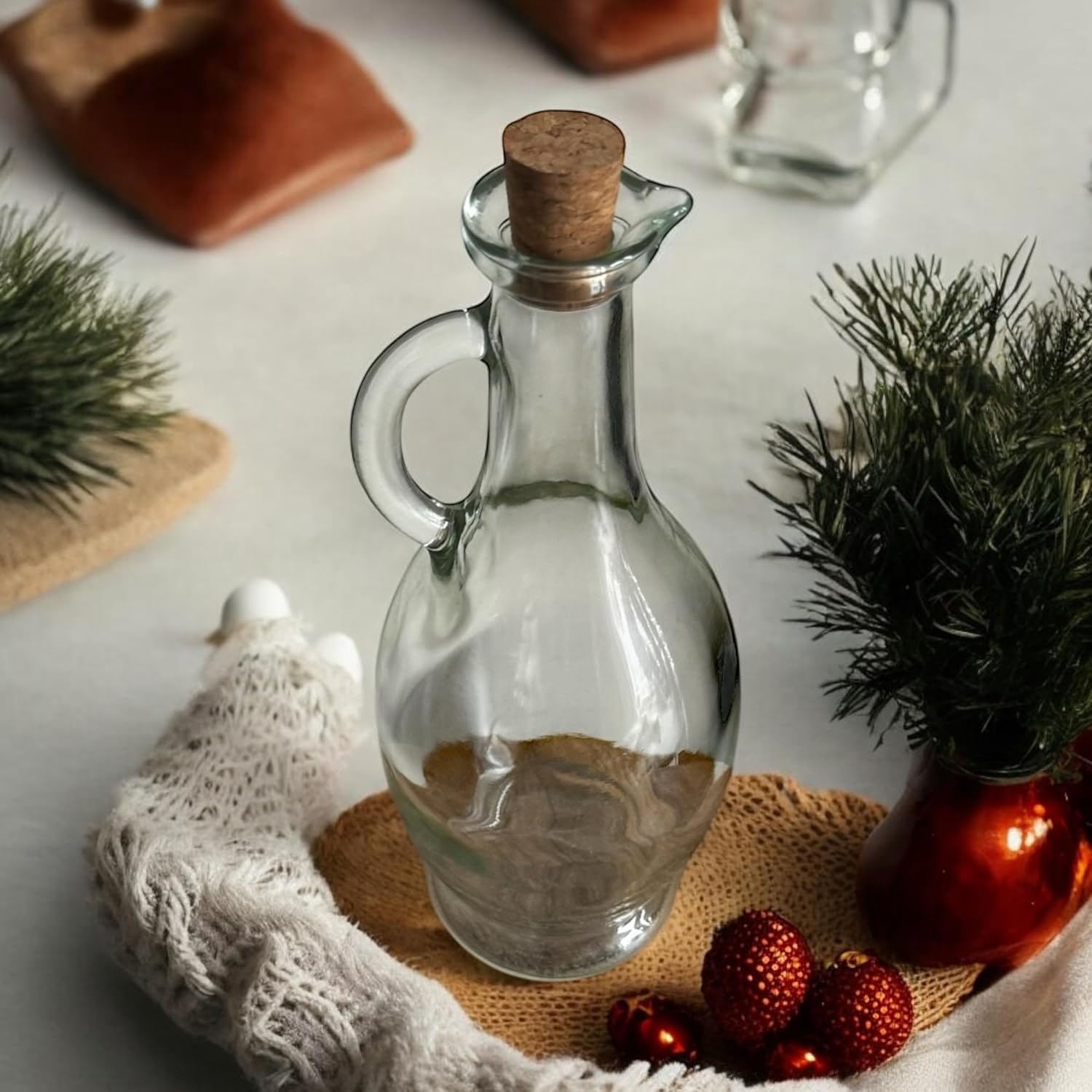 500 ml Cam Yağdanlık & Sirkelik – Şık Tasarım, Kolay Tutma Sapı ve Mantar Kapak, Yağ ve Sirke Sunumu için Mükemmel