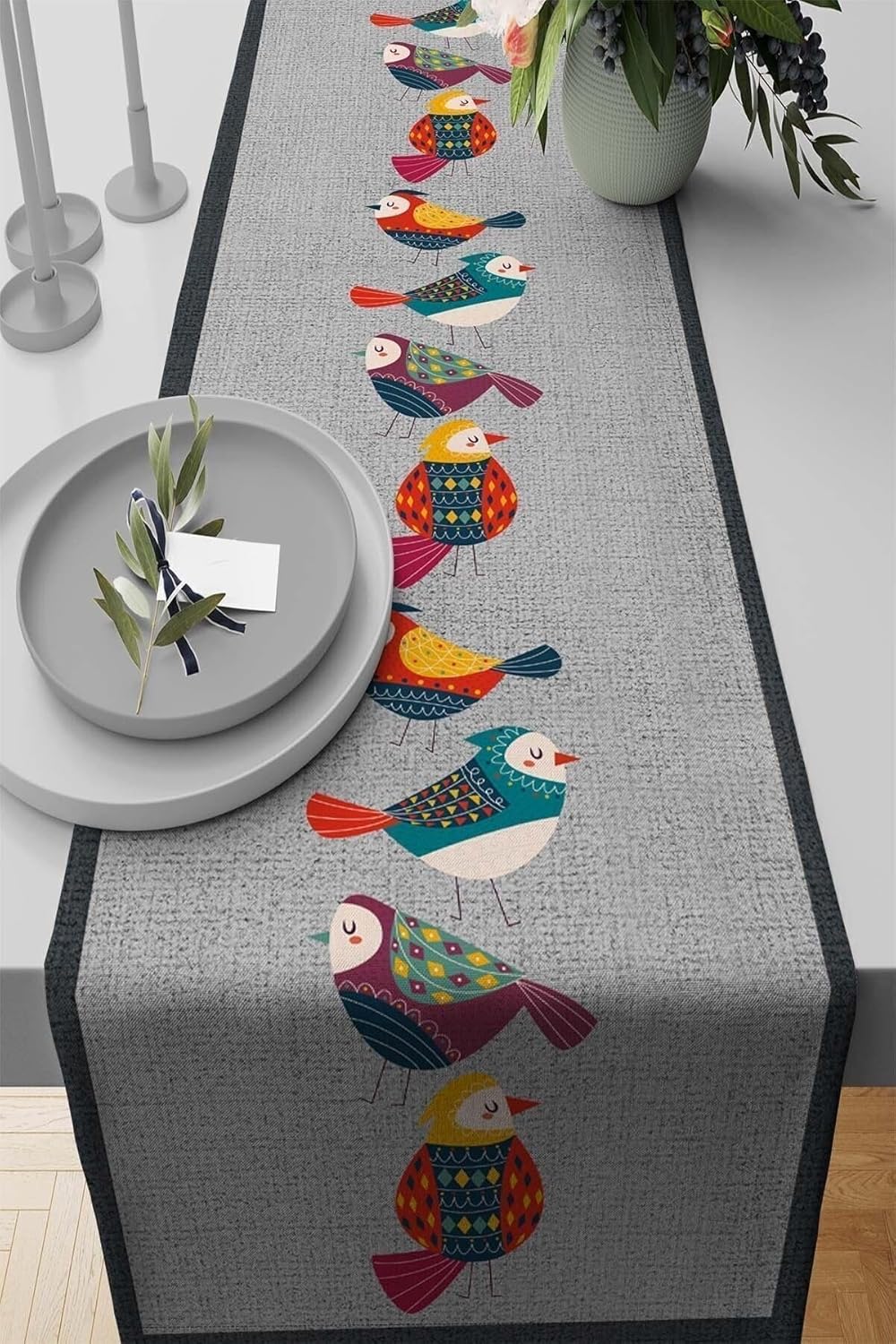 40X140Cm Premium Tay Tüyü Dokuma Leke Tutmaz Kumaş Masa Örtüsü Runner Otantik Kuşlu Rnr209