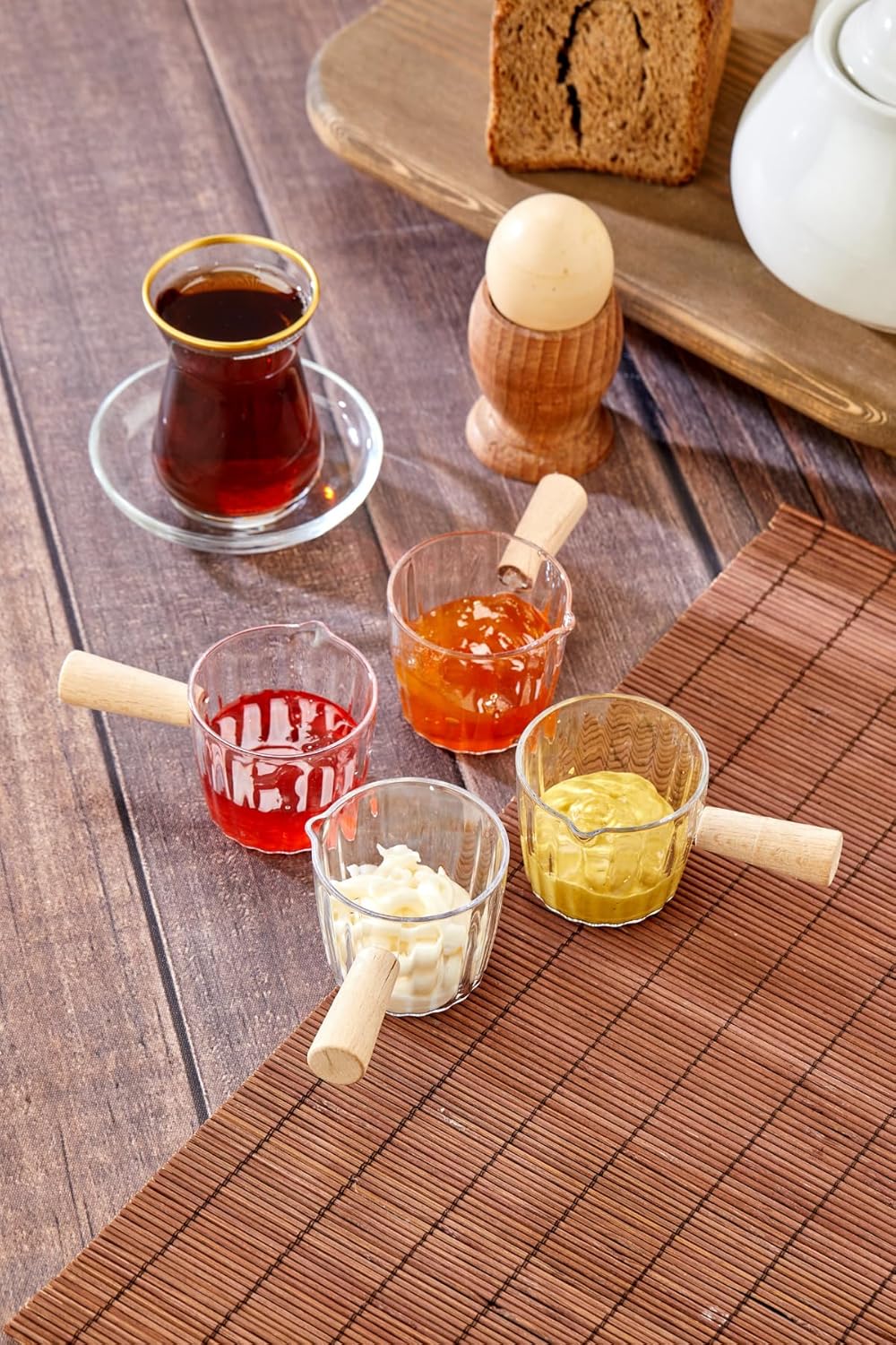 6'lı Ahşap Saplı Mika Reçellik Sosluk Sofra Sunum Kahvaltı Seti - Ahşap Saplı Sunumluk 80 ml