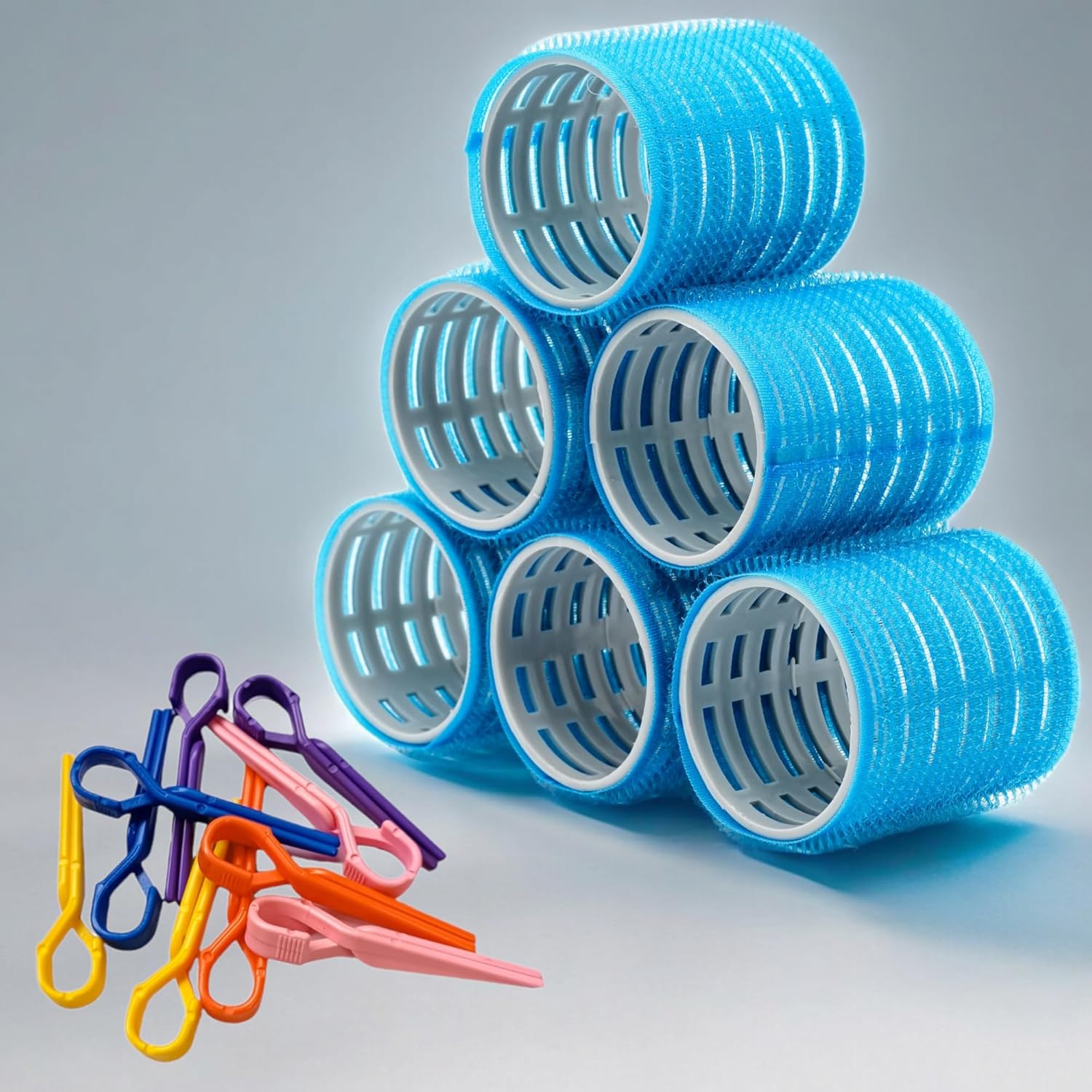 Croc 1214 Mega Boy Bigudi 6Lı + Saç Pensi 10lu (Cırtlı - Yapışkanlı Bigudi) Mavi