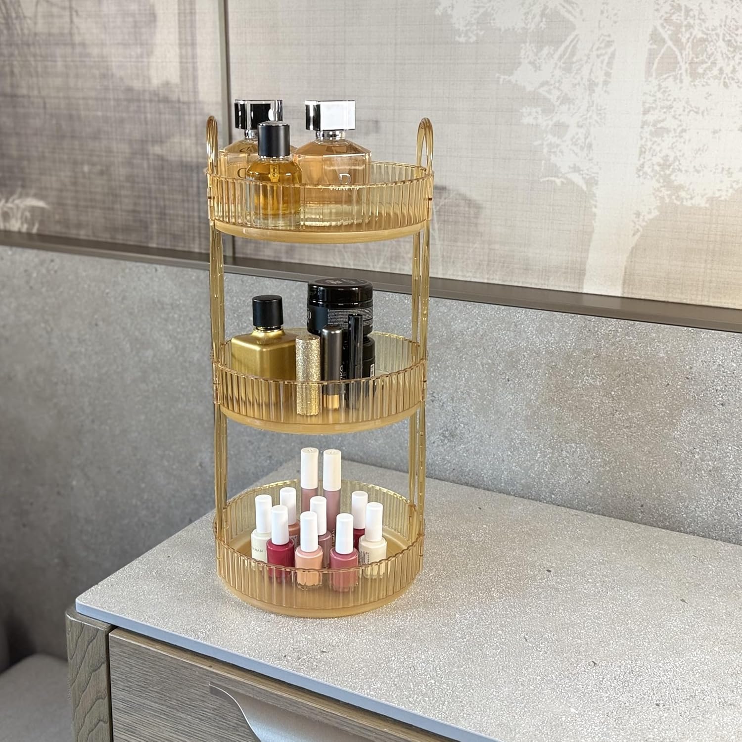 3 Katlı Makyaj Organizeri Kozmetik Aksesuar Düzenleyici Kozmetik Vitrini Yuvarlak (Amber Sarı)