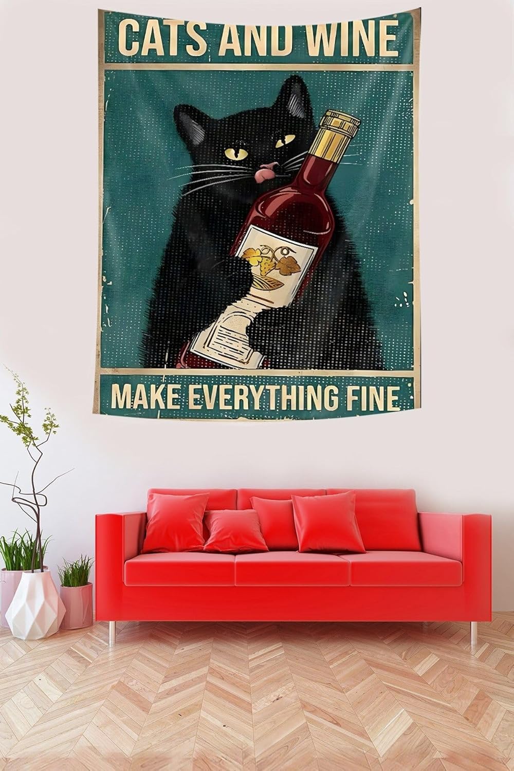 Pelangi Şarapçı Sevimli Kedili Kediler İyileştirir Leke Tutmaz Kumaş Duvar Örtüsü Duvar Halısı Tapestry, siyah-yeşil 70 x 100, 76874277010005