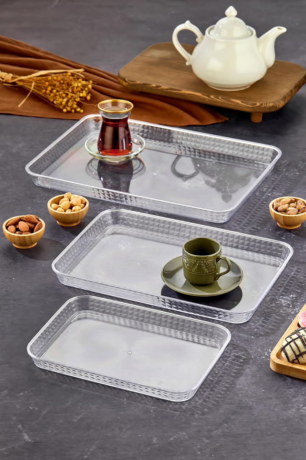 3'lü Kristal Tepsi Seti, Şeffaf Servis Tepsileri, Farklı Boyutlarda, Çay Kahve Servis Sunum İçin