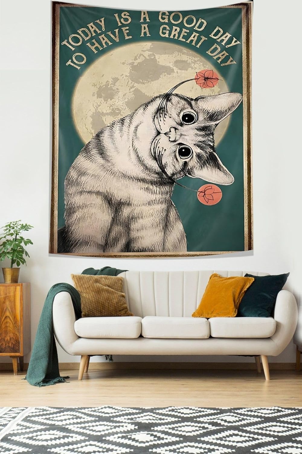 Pelangi Güzel Bir Gün Kedi Temalı Leke Tutmaz Kumaş Duvar Örtüsü Duvar Halısı Tapestry, Yeşil-Gri 70 x 100, 17768708070100