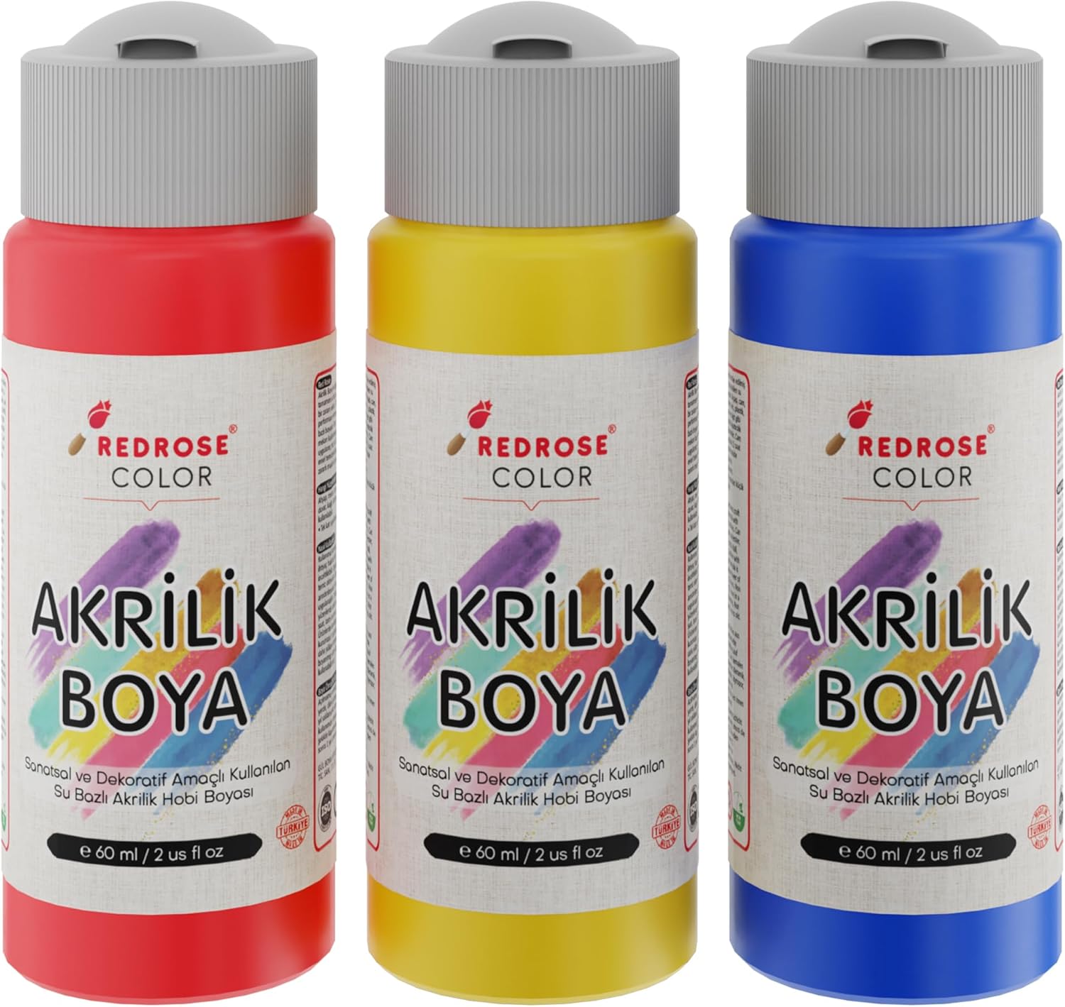 Kırmızı, Mavi, Sarı Akrilik Boya 3'lü Set 3x60 ml