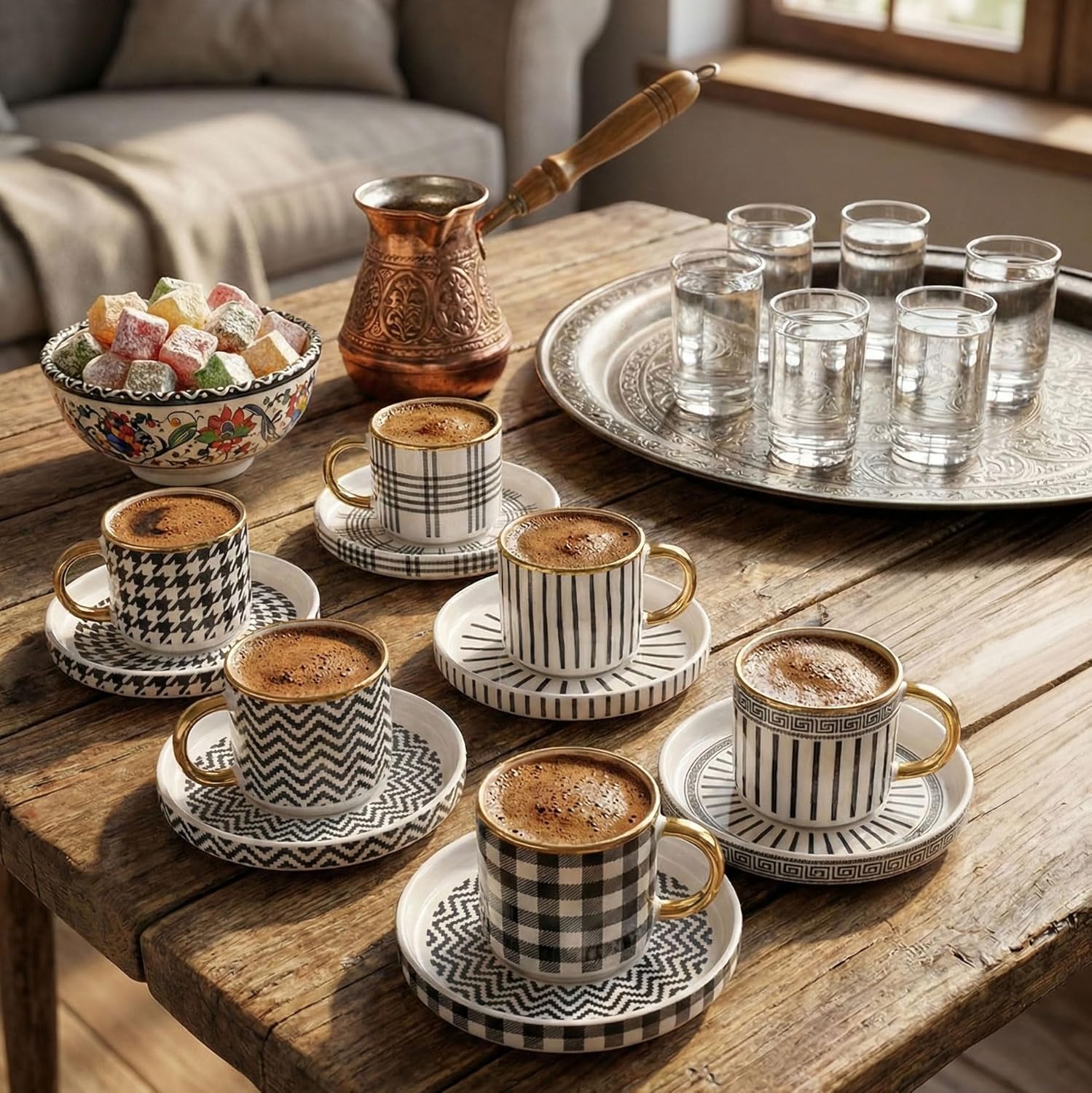 6 Kişilik Porselen Türk Kahvesi Fincan Takımı - Siyah Beyaz Geometrik Desenli, Kulplu 12 Parça Lüks Sunum Seti