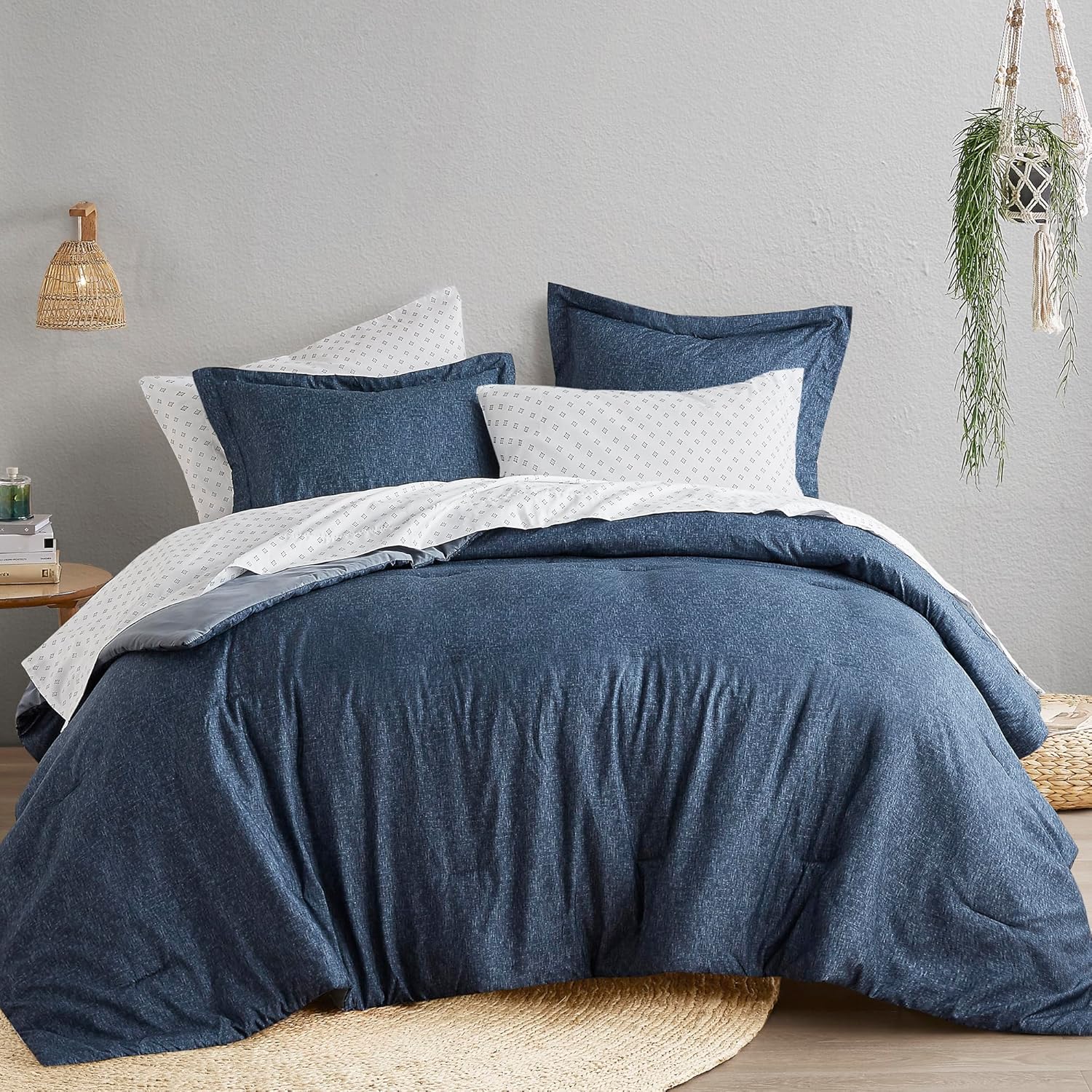 Spaces Yorgan Seti - 3 adet (1 Mikrofiber Yorgan ve 2 Kılıf) Çiftlik Evi Yatak Yorganı Tüm Mevsimler için Nevresim Takımı, Hafif Katı Yatak Yorgan Takımları, /Cal, Lacivert