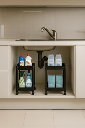 Pro 2 Katlı Siyah Tekerlekli Çok Amaçlı Banyo & Mutfak Düzenleyici Raf – Evye Altı Deterj Siyah 40 X 35