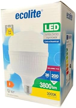 36W LED Ampul – 200W Eşdeğeri | E27 Duy, 3000K Sarı Işık, 3800 Lümen | Enerji Tasarruflu LED Ampul | AC 220V, 166x110mm