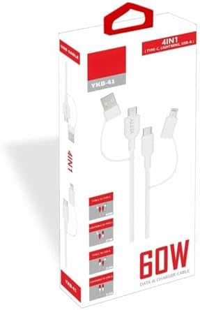Yetty 60W 4in1 Type-C,Lightning ile Uyumlu,USB-A Data ve Hızlı Şarj Kablosu 1.2m Beyaz YKB-41B (Yerli Üretim)