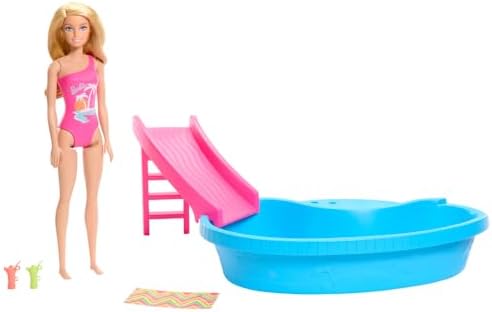 Bebek ve Havuz Oyun Seti bebek ve havuz oyun seti, sarışın bebek, havuz, kaydırak, havlu ve içecek aksesuarları HRJ74