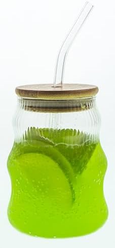 500ml Bambu Kapaklı Cam Bardak, Cam Pipetli Silikon Kapak Contalı İnce Çizgi Desenli Soğuk İçecekler için Kahve Meyve Suları ve Çayları için Ergonomik Şık Tasarım