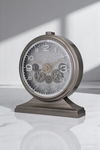 Premium Serisi Modern Kadranlı Döner Çarklı 32x28 CM Ev ve Ofis Masa ve Duvar Saati Latin Rakamlı Simli Gri