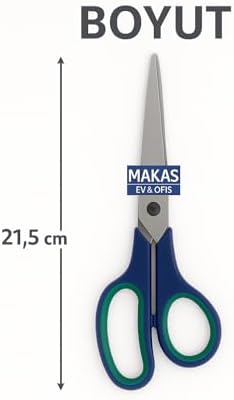 21.5 cm Paslanmaz Çelik Büyük Ofis Makası – Ergonomik Kauçuk Saplı, Yeşil-Lacivert Renkli, Ev & Büro Tipi