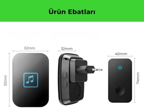 Kablosuz Kapı Zili Seti Pil Gerektirmez, Kinetik Enerjili Kapı Zili Pilsiz Şarjsız Kablosuz Fişi Prize Tak Çalıştır, LED Işıklı, Su Geçirmez, Ev Ofis için Uygun (1 Verici + 1 Alıcı)