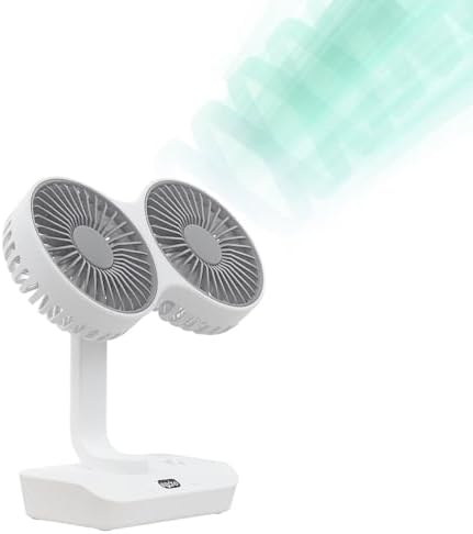 Çift Başlı Taşınabilir USB Şarjlı Fan, LED Gece Lambası ve 5000mAh Pil ile Uzun Çalışma Süresi, Ayarlanabilir Hız ve 270° Dönebilir Kafalar, Ev, Ofis, Kamp için İdeal (CZ-01X - Beyaz)