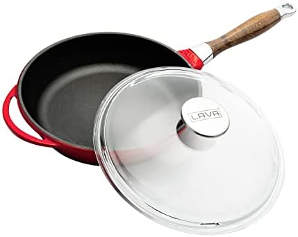 Metal Cam Kapaklı Ahşap Kulplu Yuvarlak Kızartma Tavası, 24 cm, Kırımızı