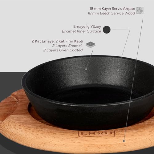 Pişirme Kabı LV ECO Y STV 12 K4 Yuvarlak Kızartma Tavası ve Ahşap Plaka, Çap 12 cm, Dökme Demir, Siyah