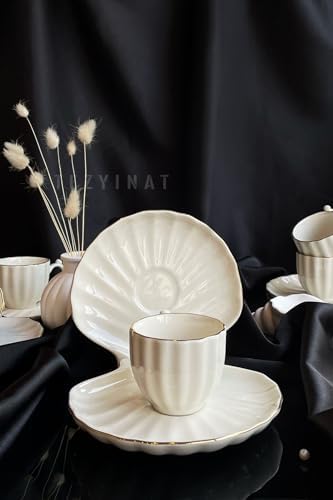 Tezyinat -İstiridye İnci 12 Parça 6 Kişilik Porselen Kahve Fincan Takımı(ALTIN YALDIZ)