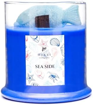 MİSSİ Büyük Üfleme Cam Balık Dekorlu Saks Mavisi Ocean Breeze Kokulu Vegan Mum (380 gr)