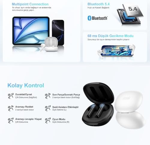 QCY AilyBuds E10 Bluetooth Kulaklık - HiRes - LDAC - Çift Cihaz - Oyun Modu 4 Mics ENC Kulakiçi Kulaklık Siyah