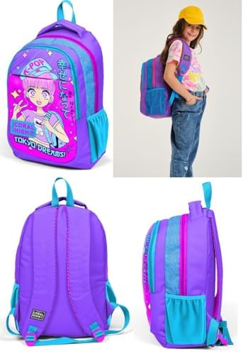 Mor Pembe Mavi K-Pop İlkokul ve Ortaokul Sırt Çantası Üç Bölmeli Kız Çocuk