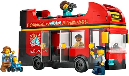City Kırmızı İki Katlı Gezi Otobüsü 60407 – 7 Yaş ve Üzeri Kız ve Erkek Çocuklar için Yılbaşı Hediyesi Fikri, 4 Minifigür ve 1 Bebek Figürü İçeren Yaratıcı Oyuncak Yapım Seti (384 Parça)