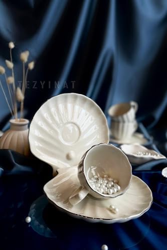 Tezyinat -İstiridye İnci 12 Parça 6 Kişilik Porselen Kahve Fincan Takımı (PLATİN YALDIZLI)
