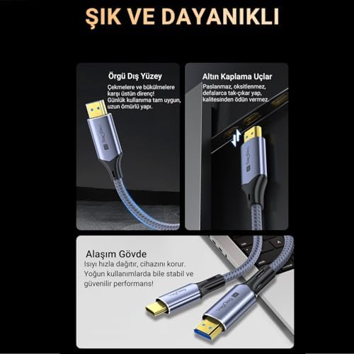 Type-C to HDMI Kablo 8K 60Hz 4K 240Hz HDR 3D 48Gbps Örgülü USB-C to HDMI Kablo 2 Metre