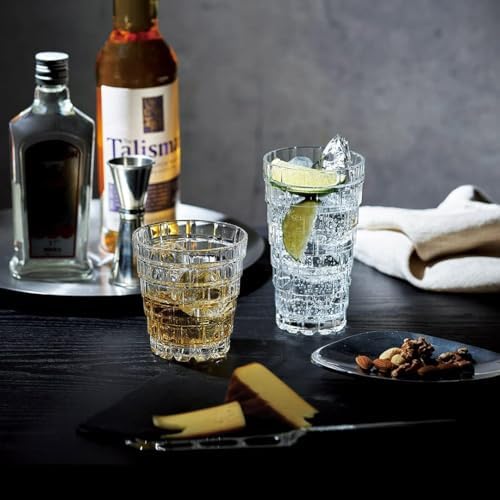 380ml 6 Adet Kokteyl Seti, Kristal Kare Desenli Cam Bardak, Soğuk İçecekler için Borosilikat Cam, Buzlu içecekler,Kokteyller için ideal Ergonomik Tasarım