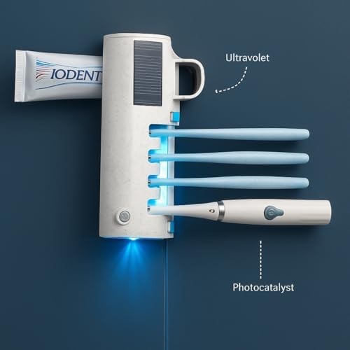 UV Diş Fırçası Sterilizatörü – Duvara Monte Otomatik Diş Macunu Dağıtıcı, USB Şarjlı Akıllı Diş Fırçası Tutucu, Güneş Enerjili UV Dezenfeksiyon