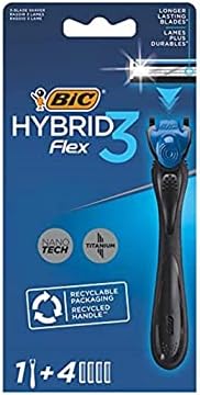 BIC Hybrid 3 Flex Erkek Tıraş Bıçağı 1 Sap ve 4 Yedek Başlık (3 Bıçak), 3 Nano Teknolojik Titanyum Bıçak, E Vitamini ile Zenginleştirilmiş Geniş Kayganlaştırıcı Bant