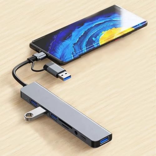USB C Hub, 8 in1- USB Hub 3.0 çoklu bağlantı noktalı adaptör, USB 3.0 bağlantı noktası, SD/TF kart okuyucu, USB-C ve 3 x USB 2.0 veri bağlantısı, 3,5 mm kulaklık bağlantısı,  Uyumlu