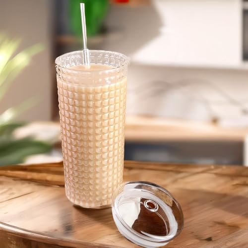 Desenli Borosilikat Cam Bardak, 550ml, Kapaklı ve Pipetli, Soğuk İçecekler İçin