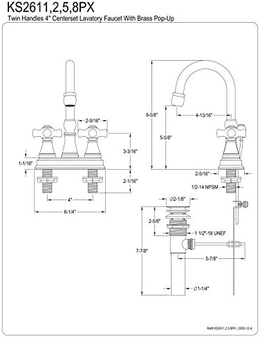 KS2611PX Vali Pirinç Açılır ve Porselen Çapraz Saplı 4 İnç Lavabo Bataryası, Parlak Krom