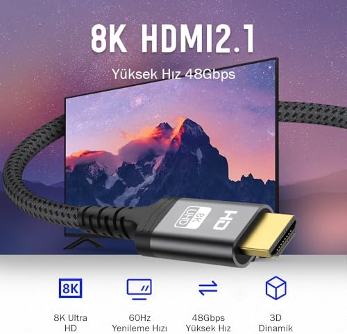 (1 metre) HDMI 2.1 Kablo 8K 60Hz 4K 120Hz 48Gbit/s Yüksek Hızlı, HDMI Kablo TV/PS5/PS4/ Xbox Series X/Monitör ile uyumlu