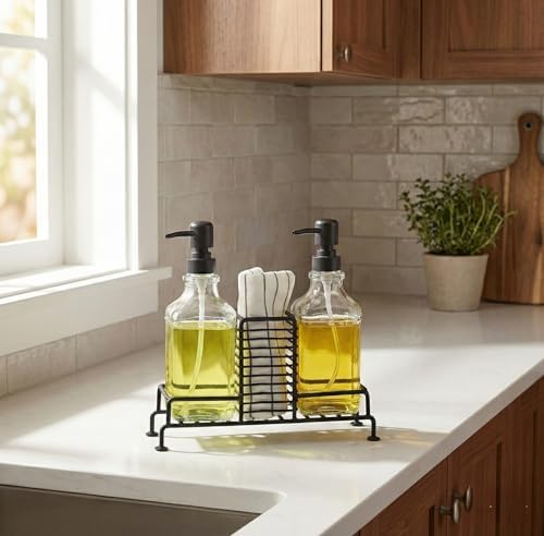 2'li Standlı Kare Cam Sabunluk Seti | 2 x 500 ml | Ferforje Metal Standlı (Siyah) | Sünger/Fırça Bölmeli Mutfak ve Banyo Düzenleyici