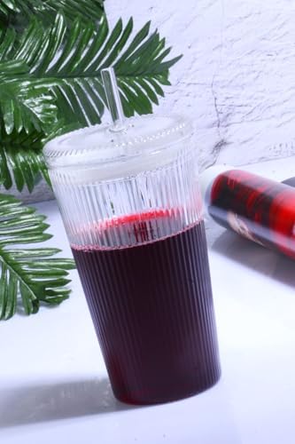 Porselen Diyarı Cam Pipetli Çizgili Kapaklı Özel Tasarım Cam Limonata ve Meşrubat Bardağı ŞEFFAF