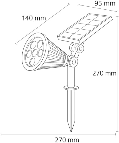 7W Solar LED Bahçe Armatürü 3200K Günışığı – Güneş Enerjili Kazıklı & Duvar Montajlı Çim Aydınlatma Lambası – 7 LED, IP65, 90 Lümen, 140x270x95 mm