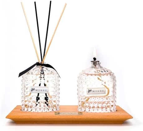 MİSSİ Masif Ahşap Tepsili Oval Kristal Şişe Vanilya Oda Kokusu Ve Vanilya Kokulu Kandil Seti