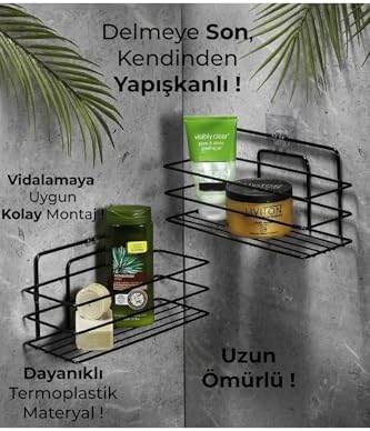 Tekli Siyah Yapışkanlı Banyo Rafı, Duş Şampuanlık, Paslanmaz Metal Raf (Vidala/Yapıştır) - TŞ-01