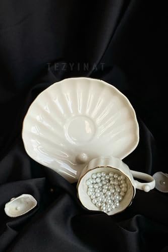 Tezyinat -İstiridye İnci 4 Parça 2Kişilik Porselen Kahve Fincan Takımı (ALTIN YALDIZLI)