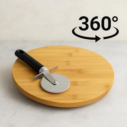 Store Bambu Döner Sunum Tahtası 30 cm – 360° Dönebilir Ahşap Servis Tabağı – Pizza, Peynir, Pasta, Kek ve Tatlı Sunumları için – Paslanmaz Çelik Pizza Kesici Dahil