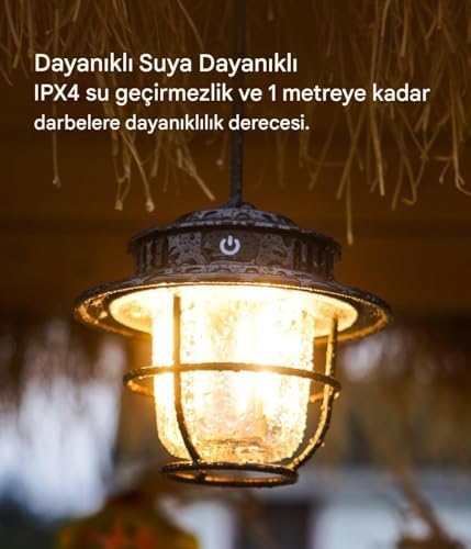 Şarj Edilebilir Retro Kamp Lambası 200 Lümen | 1500mAh Type-C | Kademesiz Karartma | Askılı LED Kamp Feneri