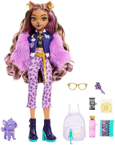 Evcil köpeği Crescent ile sırt çantası, ajanda ve atıştırmalıklar gibi aksesuarlarıyla Clawdeen Wolf bebek, HRP65