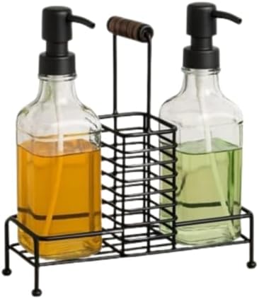 2'li Cam Dispenser Seti – Metal Taşıyıcılı Sıvı Sabun & Deterjan Pompa Şişeleri, Endüstriyel Mutfak & Banyo Organizer