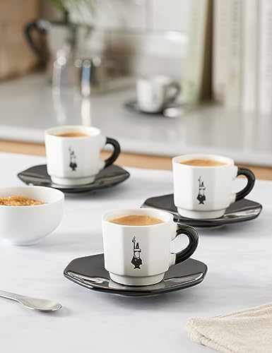 - 4'lü Espresso Fincan Seti - Sekizgen Tasarım - Siyah Beyaz Karma Renk - Porselen