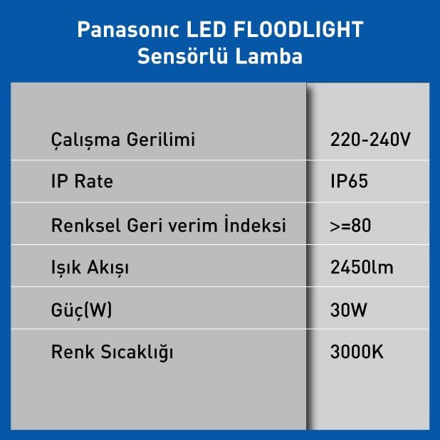 LED PROJEKTÖR SENSORLÜ, SICAK BEYAZ IŞIK 30W 2450LM 3000K